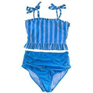 Coral Reef Swim Blue Retro Stripe High Waisted Two Piece Swimsuit L